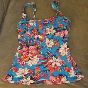 Lands' End Blue Floral Square Neck Underwire Tankini Swimsuit Top Size 2